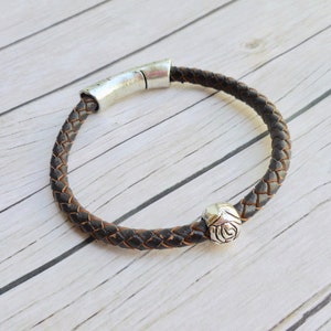 Brown braided leather boho bracelet ladies jewelry magnet clasp handmade jewelery silver rose bead unique trendy item gift boho gifts image 1