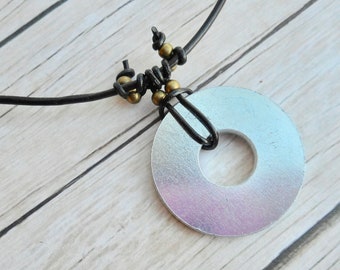Brown leather necklace industrial disc women men jewel round metal plate pendant / handmade jewelry trendy unisex jewelery