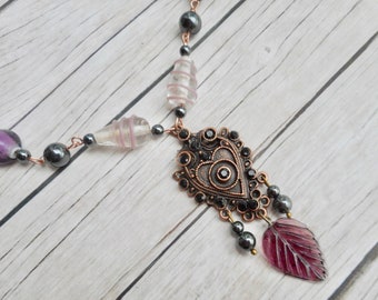 Purple necklace for women stylish ladies jewelry glass lampwork beads handmade jewelery antique bronze Victorian owl pendant unique gift