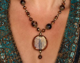 Handmade Brown Necklace with Glass Pendant – Golden Brown Beads – Boho Statement Necklace for Women