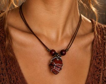 Handmade Red Jasper Necklace – One of a Kind Artisan Jewelry – Wire Wrapped Gemstone Pendant