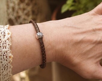 Handmade Brown Braided Leather Bracelet – Silver-Tone Rose Bead – Boho Leather Bracelet for Women and Men – Boho Fashion Jewelry