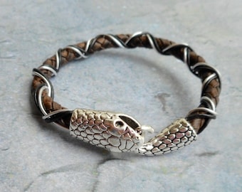 Ouroboros leather snake bracelet boho style mens ladies brown leather jewelry wrapp snake clasp unisex handmade unisex jewelery unique gift