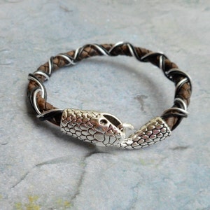 Ouroboros leather snake bracelet boho style mens ladies brown leather jewelry wrapp snake clasp unisex handmade unisex jewelery unique gift