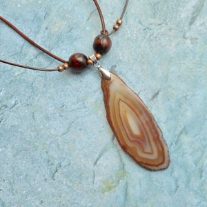 Ágata cristal pedra preciosa fatia segmento pingente charme colar de couro marrom jóias artesanais/caseiro senhoras boêmio presente jóias