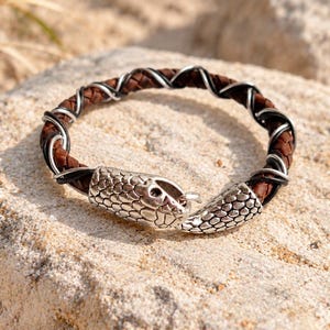 Handmade Brown Leather Snake Bracelet – Silver Serpent Clasp, Wrapped Wire Viking Jewelry, Rustic Unisex Ouroboros Bracelet
