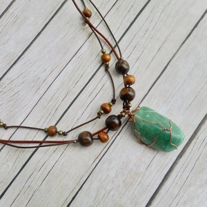 Green aventurine crystal pendant leather necklace boho style fashion jewelry ladies jewelery brown unique gift for her by Aparticle image 9