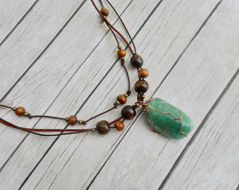 Green aventurine crystal pendant leather necklace boho style fashion jewelry ladies jewelery brown unique gift for her by Aparticle image 9