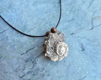 Natural sea shell pendant necklace nautical beach jewelry handmade jewelery blue gray conch brown leather unique gift OOAK