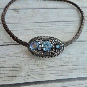 Antique brown braided leather choker necklace with aqua blue rhinestones charm ladies boho art nouveau jewelry handmade jewelery image 4