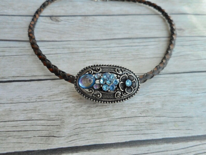 Antique brown braided leather choker necklace with aqua blue rhinestones charm ladies boho art nouveau jewelry handmade jewelery image 4