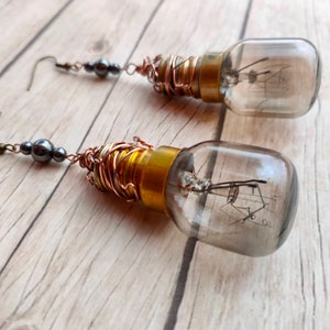 May include: A pair of earrings featuring small light bulbs wrapped in copper wire and accented with black beads. The bulbs are clear glass and have a gold-colored base.