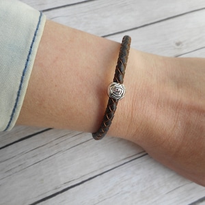 Brown braided leather boho bracelet ladies jewelry magnet clasp handmade jewelery silver rose bead unique trendy item gift boho gifts image 7