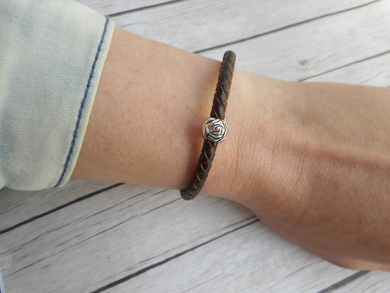 Brown braided leather boho bracelet ladies jewelry magnet clasp handmade jewelery silver rose bead unique trendy item gift boho gifts image 7