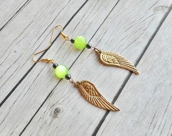 Golden Angel Wings Ohrringe Grüne Perlen Hämatit Handgefertigte Damen Frauen Schmuck Einzigartige Geschenke für ihre Mode Schmuck Gold Farbe