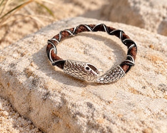 Handmade Brown Leather Snake Bracelet – Silver Serpent Clasp, Wrapped Wire Viking Jewelry, Rustic Unisex Ouroboros Bracelet