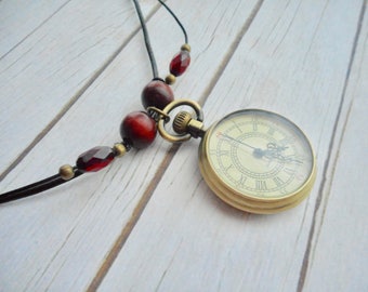 Leather necklace brown Steampunk Victorian ladies jewelry vintage pocket watch handmade jewelery antique bronze jewel trending items