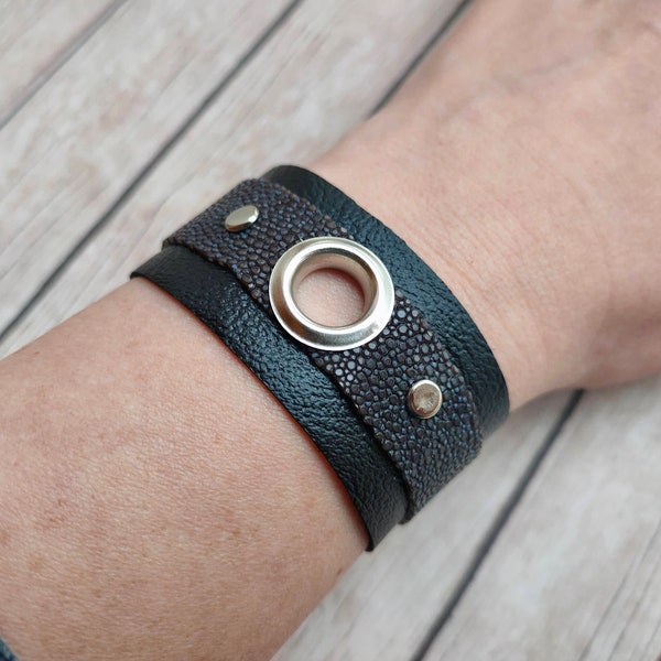 Black leather bracelet stingray leather handmade jewelry for women unique gifts for her leather wristband leather jewelry