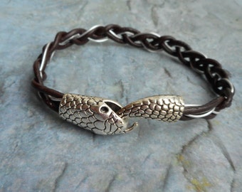 leren armband gevlochten bruin heren dames Antiek zilveren Ouroboros Python sluiting handgevlochten Boho sieraad uniek unisex cadeau sieraad