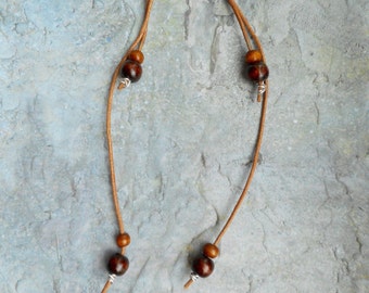 Brown leather earrings / wood beads / bohemian / genuine leather straps / ladies jewelery / handmade jewelry / extra long