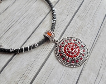 Round red pendant black braided leather boho choker necklace handmade ladies jewelry homemade trending item jewelery unique gifts