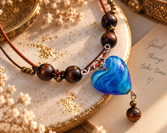 Handmade Brown Leather Necklace with Murano Lampwork Glass Heart Pendant – Boho Jewelry for Women