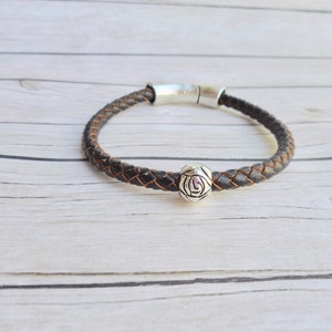 Brown braided leather boho bracelet ladies jewelry magnet clasp handmade jewelery silver rose bead unique trendy item gift boho gifts image 2