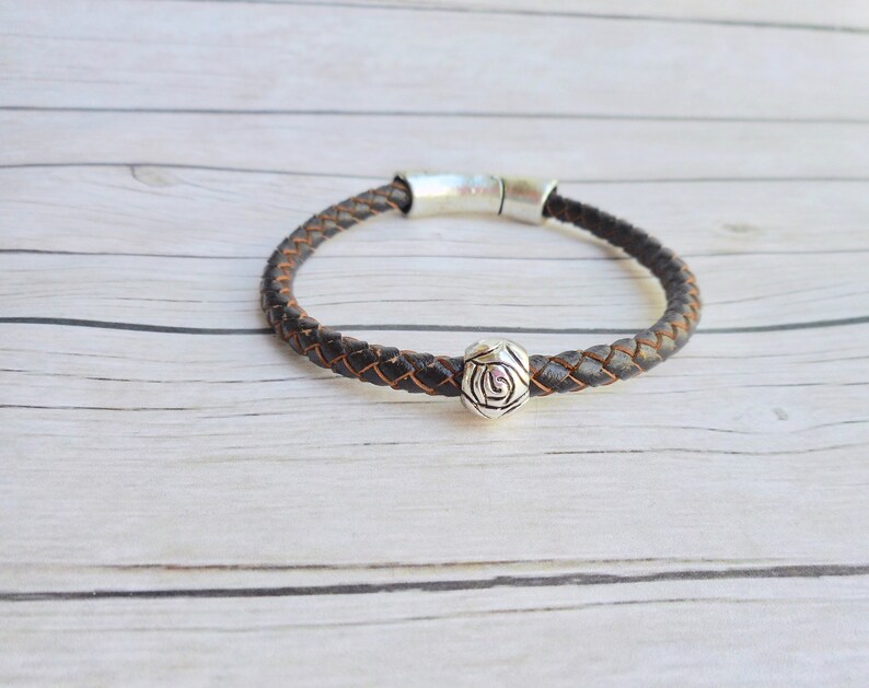 Brown braided leather boho bracelet ladies jewelry magnet clasp handmade jewelery silver rose bead unique trendy item gift boho gifts image 2