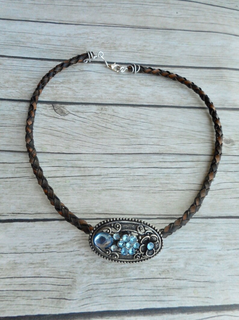 Antique brown braided leather choker necklace with aqua blue rhinestones charm ladies boho art nouveau jewelry handmade jewelery image 3