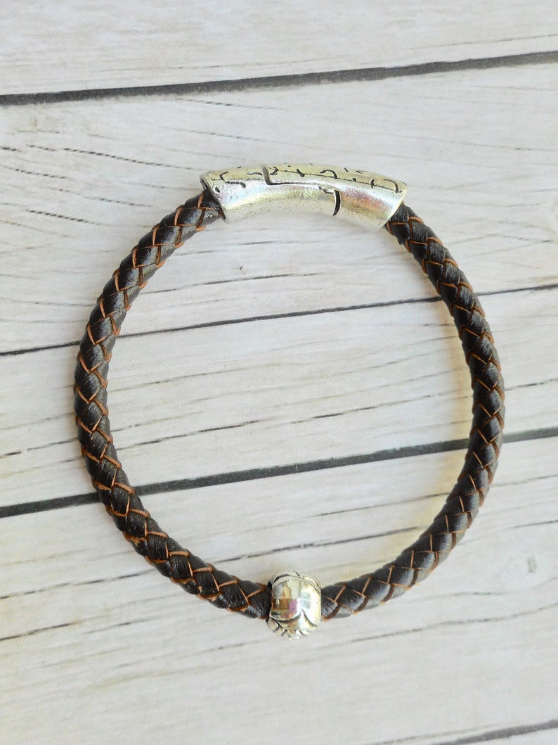 Brown braided leather boho bracelet ladies jewelry magnet clasp handmade jewelery silver rose bead unique trendy item gift boho gifts image 5
