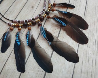 Natural Jay feathers brown leather necklace boho bohemian tribal Native African style jewelry handmade jewelery / Trending items ladies mens