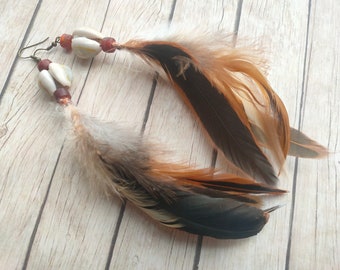 Handmade Boho Feather Earrings with Natural Cowrie Shells, Brown Rooster Feathers, Native Inspired Bohemian Jewelry, Unique Gift for Her