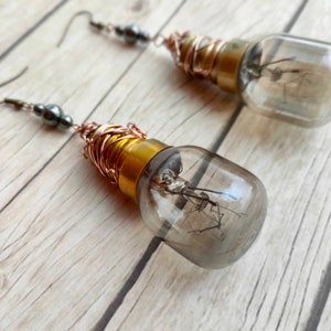 May include: A pair of earrings made from repurposed light bulbs. The bulbs are clear glass and have a copper wire wrapped around the base. The earrings are hanging from silver hooks with black beads.