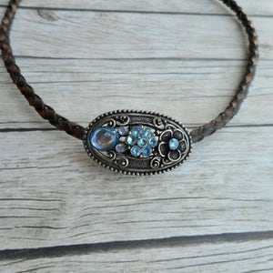 Antique brown braided leather choker necklace with aqua blue rhinestones charm ladies boho art nouveau jewelry handmade jewelery image 2
