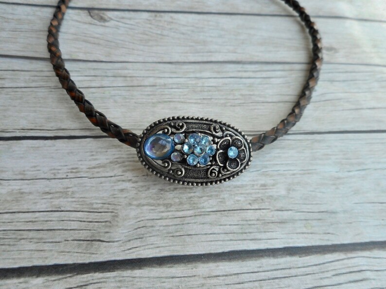 Antique brown braided leather choker necklace with aqua blue rhinestones charm ladies boho art nouveau jewelry handmade jewelery image 2