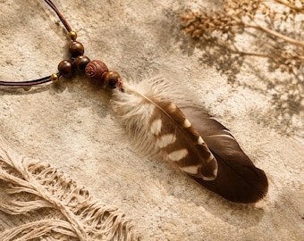 Handmade Boho Necklace with Real Bird Feathers – Wooden Beads – Tribal Jewelry – Little Owl & Harris's Hawk Feathers