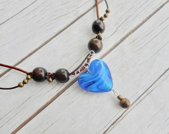 leather necklace blue heart shaped murano lampwork glass pendant brown blue ladies fashion jewelry handmade unique jewelry homemade gifts