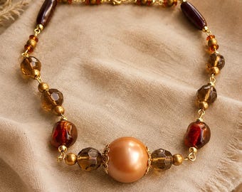Handmade Brown Beaded Necklace with Pearl Centerpiece – Boho Statement Necklace – Warm Earth Tone Jewelry for Women