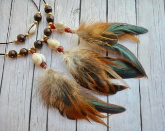 Bird feathers pendants necklace brown roosters feathers native inspired jewelry handmade jewelery women men bohemian style fashion