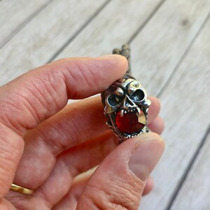 May include: A silver skull pendant with a red gemstone in the mouth. The pendant is on a leather cord.