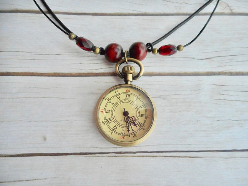 Pocket watch leather necklace brown Steampunk Victorian ladies jewelry vintage look handmade jewelery antique bronze jewel trending items image 5