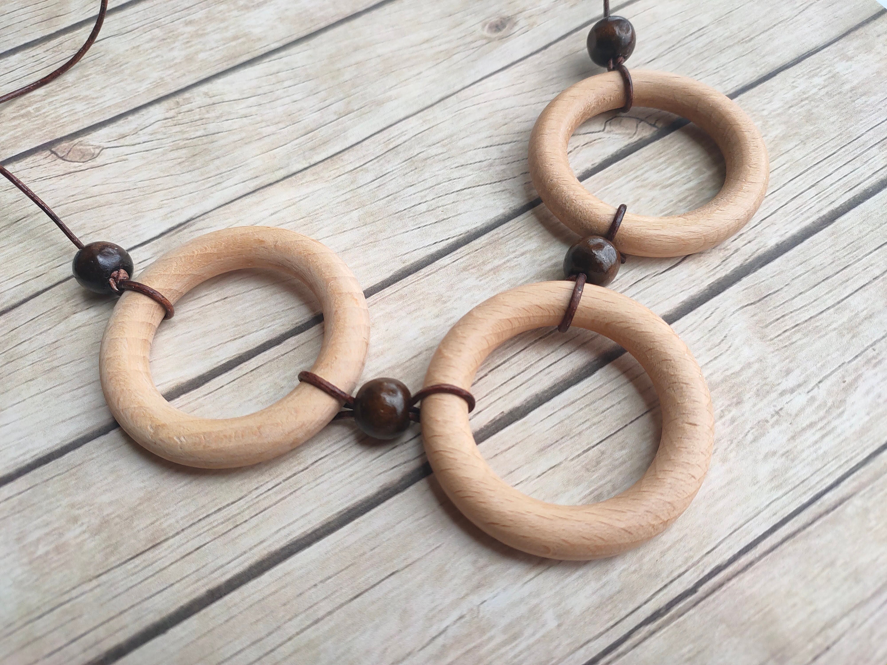 Natural Wood Rings Leather Necklace Wooden Beads Boho Fashion Jewelry ...