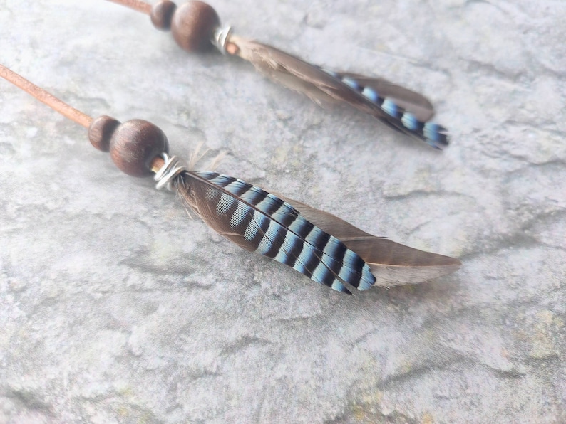 Blue Feathers earrings Jay brown leather wooden beads / boho image 5