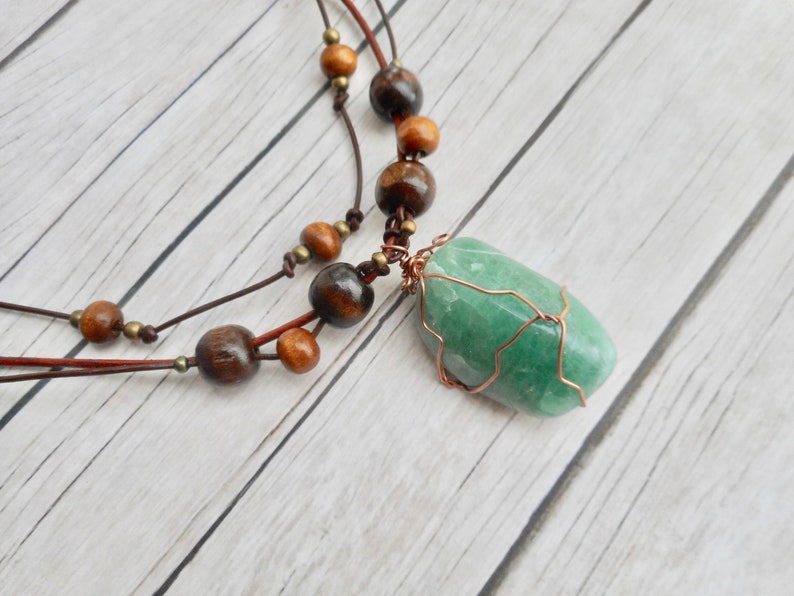 Green aventurine crystal pendant leather necklace boho style fashion jewelry ladies jewelery brown unique gift for her by Aparticle image 1