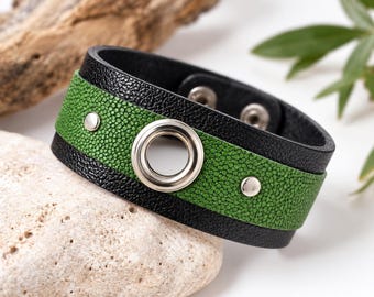 Handmade Green Stingray Leather Cuff Bracelet – Australian Kangaroo Leather Statement Wristband with Silver Eyelet