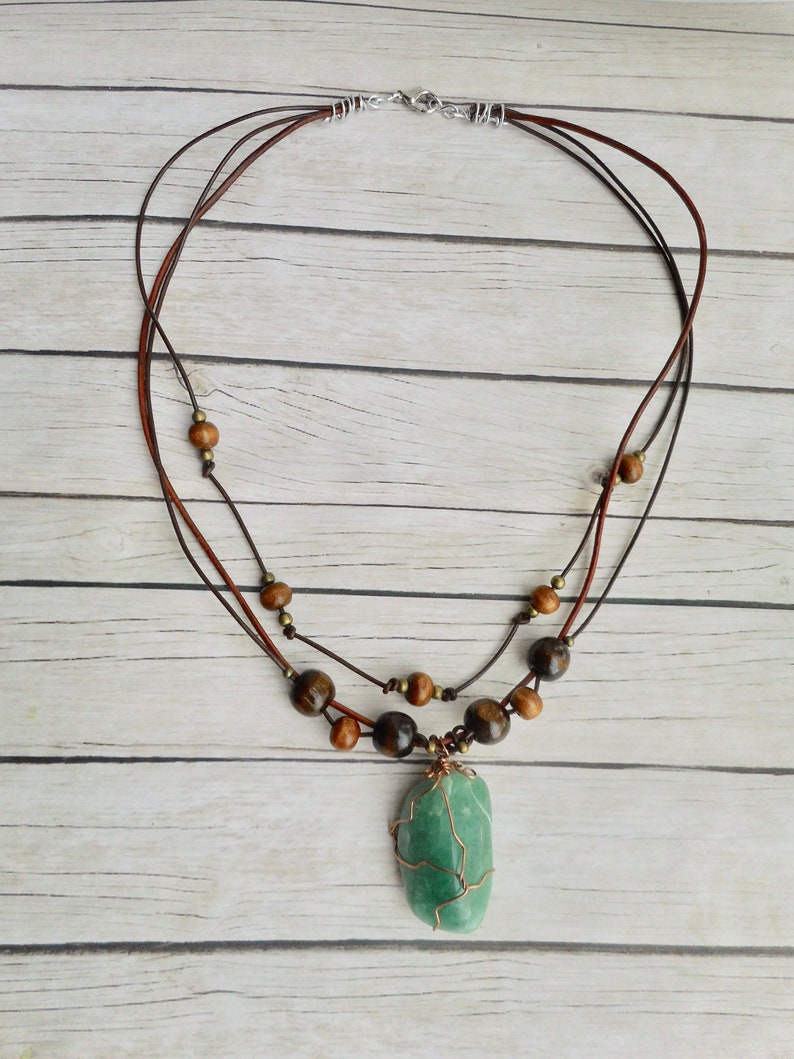 Green aventurine crystal pendant leather necklace boho style fashion jewelry ladies jewelery brown unique gift for her by Aparticle image 5