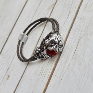 Leather bracelet men skull deadhead clasp buckle ruby crystal handmade jewelry brown unique sturdy jewelery men's jewelry trending item image 4