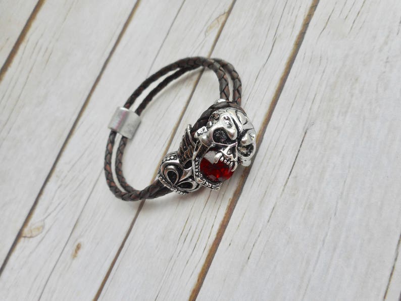 Leather bracelet men skull deadhead clasp buckle ruby crystal handmade jewelry brown unique sturdy jewelery men's jewelry trending item image 4