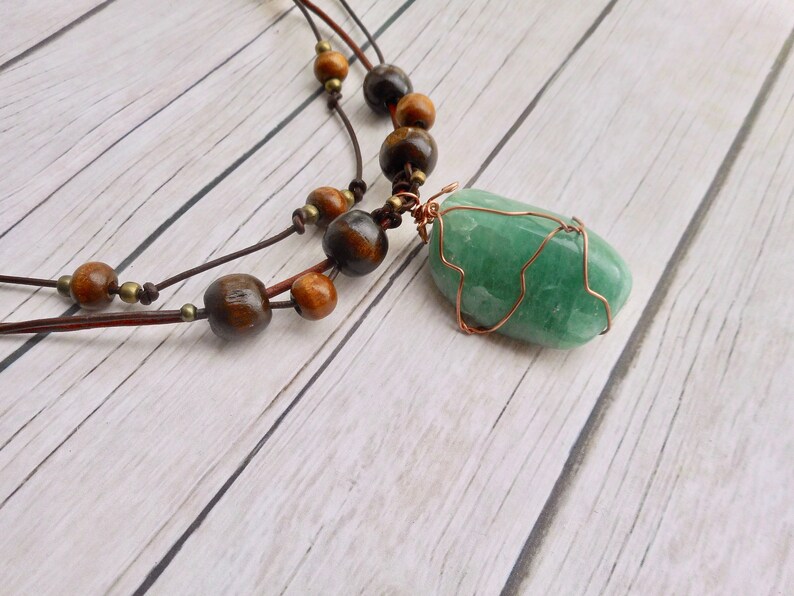 Green aventurine crystal pendant leather necklace boho style fashion jewelry ladies jewelery brown unique gift for her by Aparticle image 3