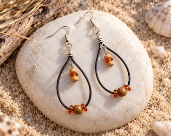 Handmade Boho Leather Earrings with Wooden Beads and Amber Glass – Long Teardrop Earrings